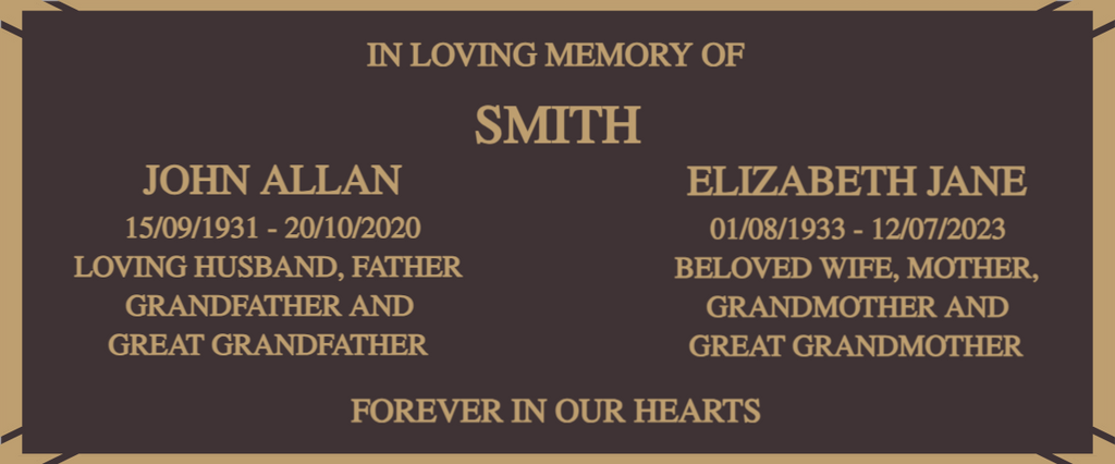 Quality Bronze Plaque for two names 360mm x 150mm